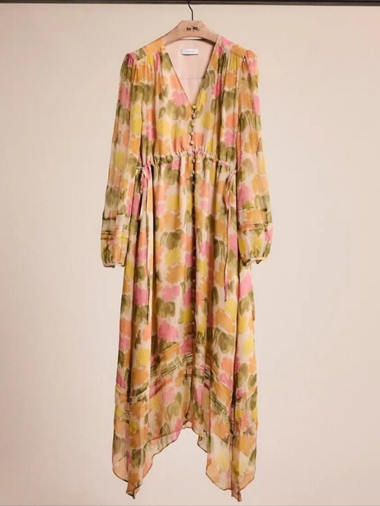 Coach Dresses & Skirts - COACH 100% SILKFloral Watercolor Long Sleeve Midi Dress in Pink, Yellow & Green